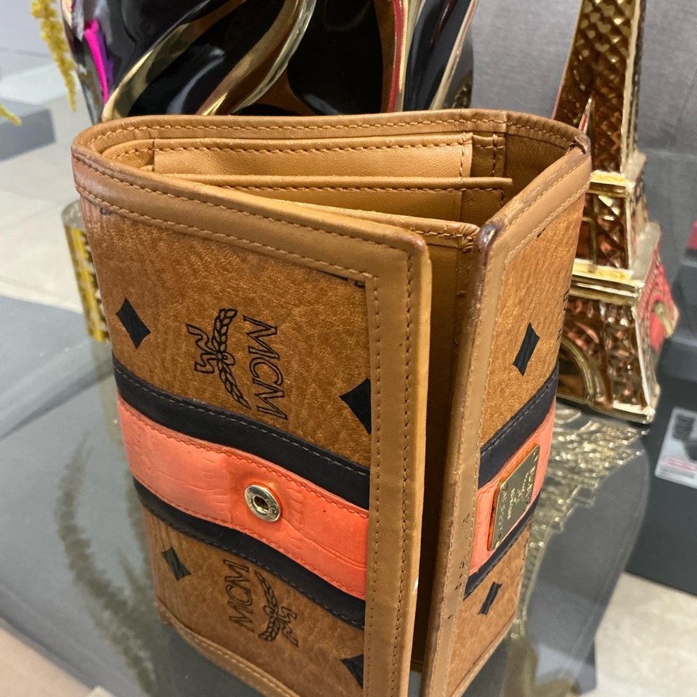 MCM Cognac Leather Trifold Wallet with Black and Coral Accent - Picture 3 of 5